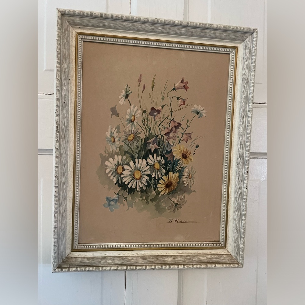 Donald Art Company Vintage Lithograph Floral White Frame R. Riasni 15.5 x 19.5"